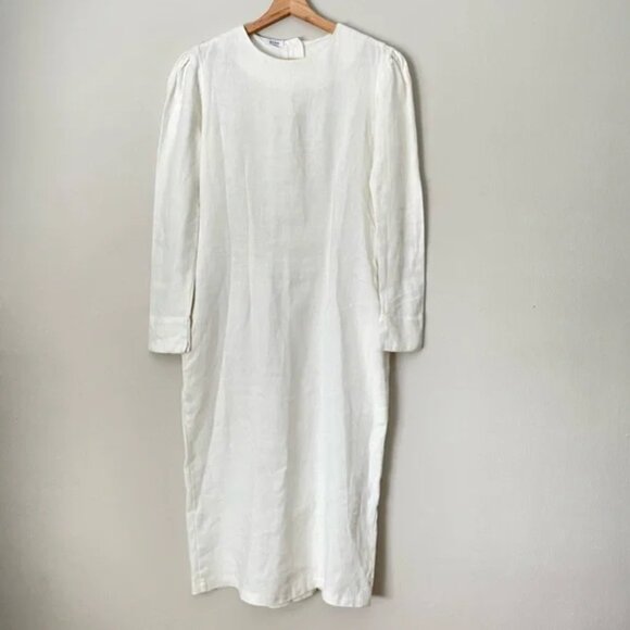 Hazel Brown Minimalist Ivory Puff Sleeve Vintage Style Midi Shift Dress - Picture 1 of 10